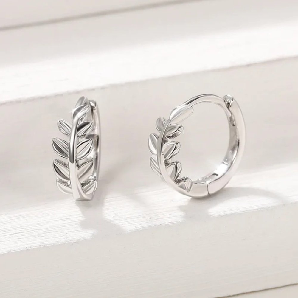 Silver Leaf Hoop Earrings - Picture 4 of 7